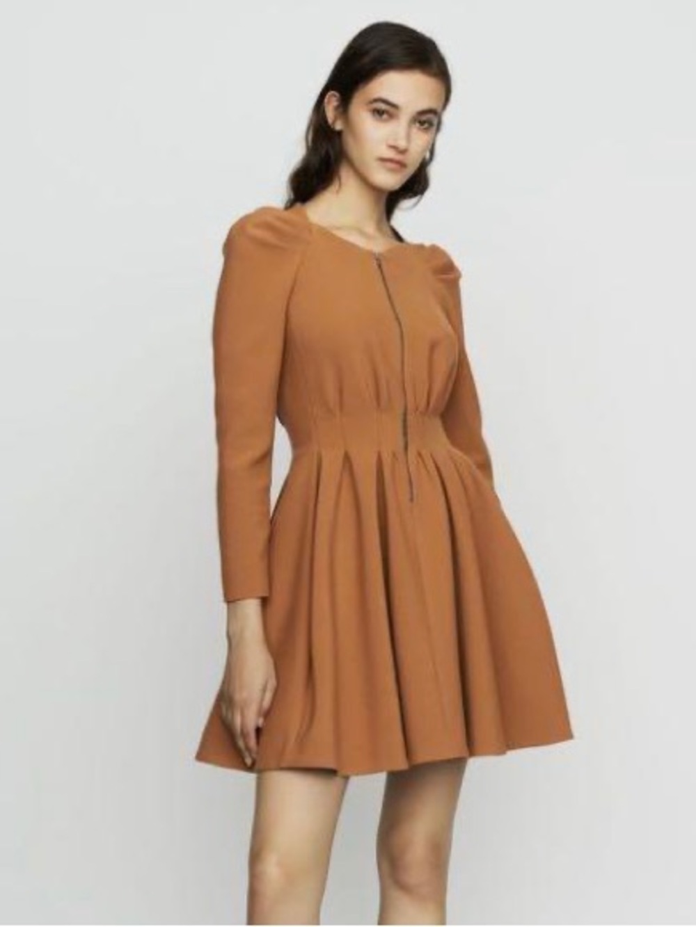 Women’s Front Rangia Dress Rust Brown Long-Sleeve Pleated Fit & Flare Dress